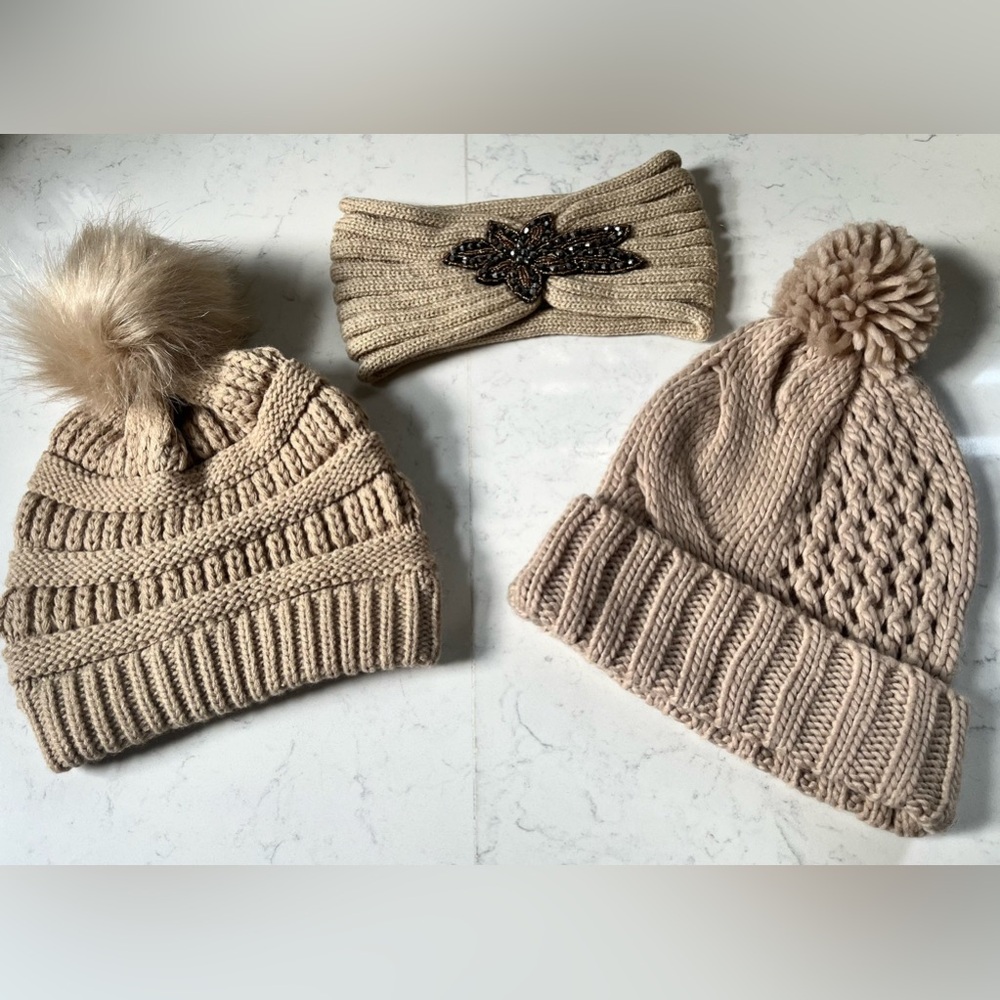 Theory Taupe Wool Blend Winter Beanie Hats - Mother & Daughters Photo Shoot